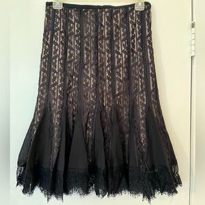 Loft Lace Pleated Black Flare Overlay Skirt with Nude Lining